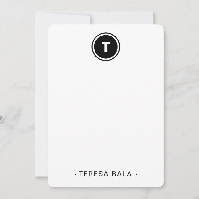 Black White | Minimal Modern Round Monogram Note Card (Front)