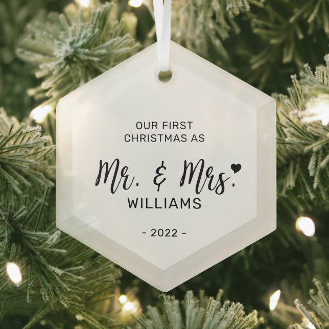 Black & White Minimal Mr. Mrs. First Christmas Glass Ornament (Insitu)