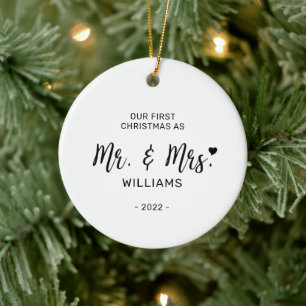 Black & White Minimal Mr Mrs First Christmas Photo Ceramic Ornament