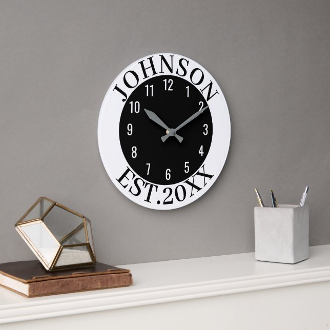Black & White Minimal Personalized Family Name Est Large Clock (Office)
