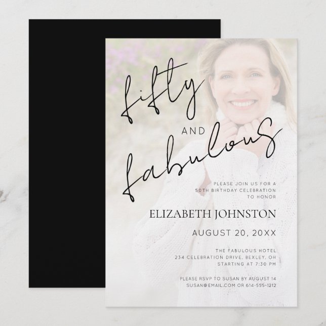 Black White Minimal Photo 50 and Fabulous Birthday Invitation (Front/Back)