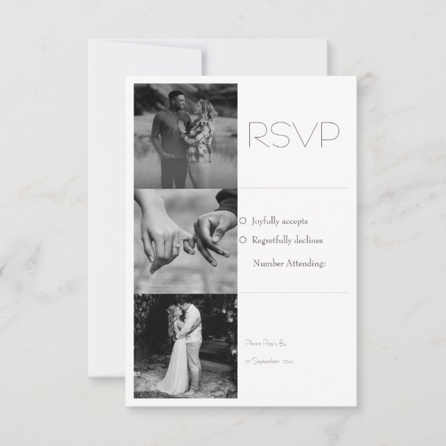 Black & White Minimal Photo collage Wedding RSVP Card (Front)