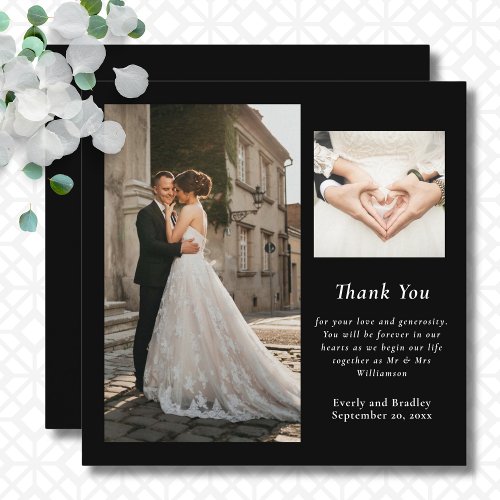 Black White Minimal Photo Wedding Thank You Card 