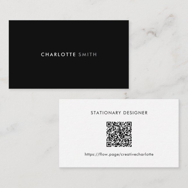 Black & White Minimal Professional QR Code Business Card (Front/Back)
