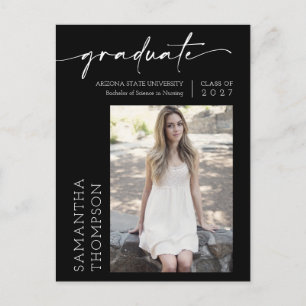 Black White Minimal Script She Did It Photo Grad Postcard