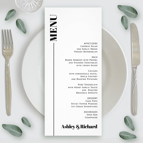 Black white minimal typography wedding menu card