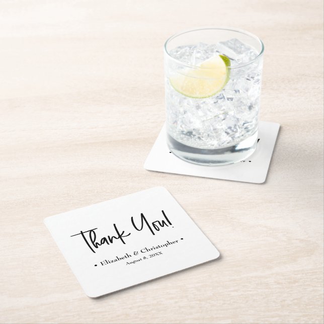 Black White Minimal Wedding Thank You favor Square Paper Coaster (Insitu)