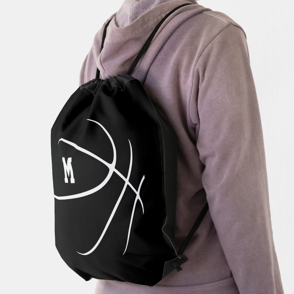 black white minimalism basketball monogrammed drawstring bag
