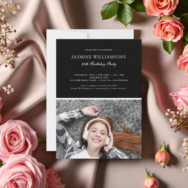 Black White Minimalist any age Birthday Photo Invitation (Creator Uploaded)