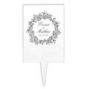 Black & White Minimalist Botanical Wreath Logo Cake Topper