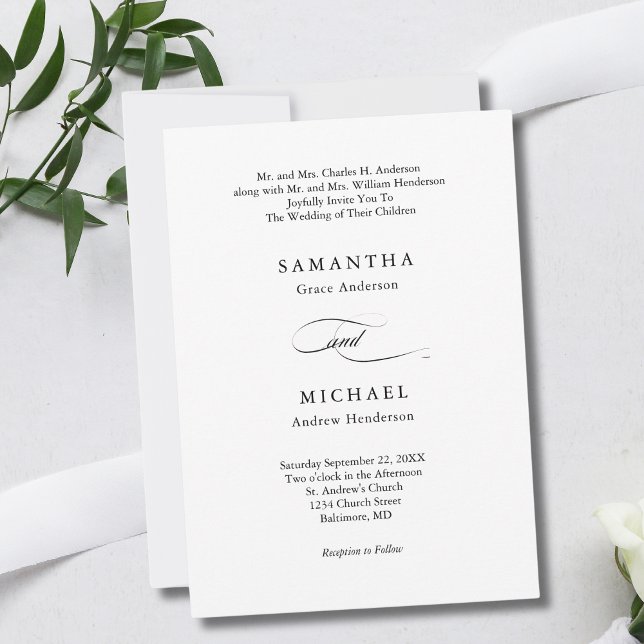 Black White Minimalist Both Parents Names Wedding Invitation (Black White Minimalist Calligraphy Modern Wedding invitation. )