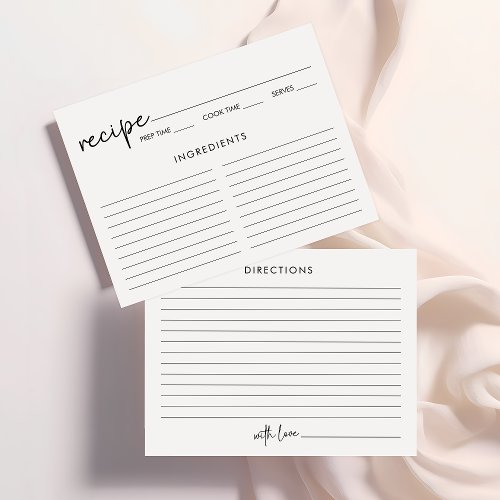 Black  White Minimalist Bridal Shower Recipe Card