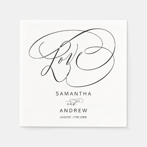 Black white minimalist calligraphy love wedding napkins
