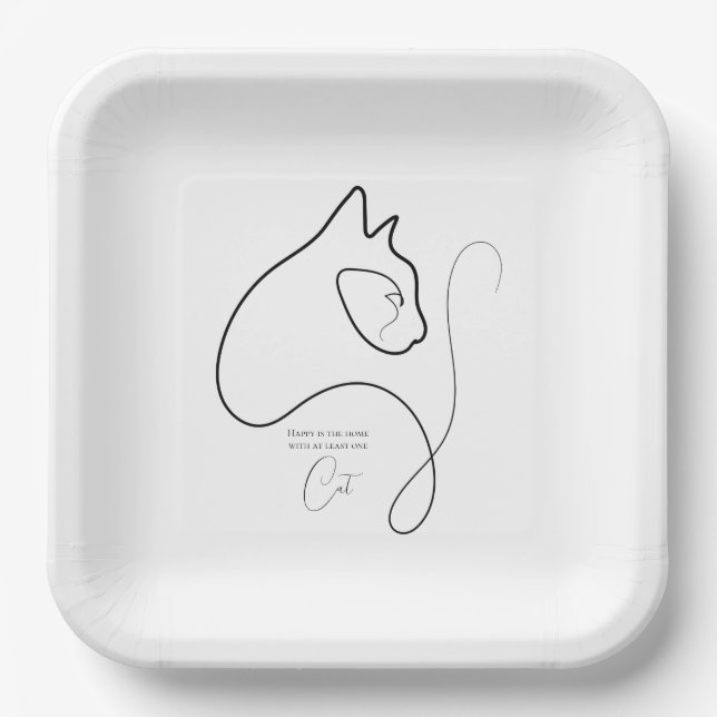 Black & White Minimalist Cat  Paper Plates (Front)