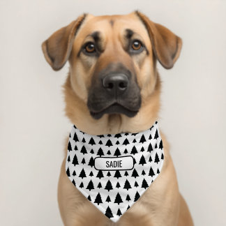 Black White Minimalist Christmas Tree Pattern Name Pet Bandana Collar
