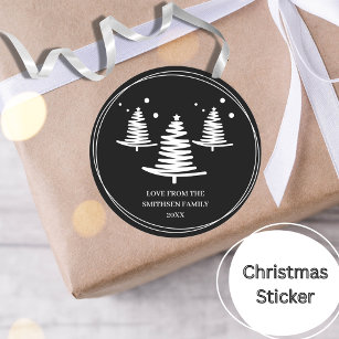 Black White Minimalist Christmas Trees Classic Round Sticker