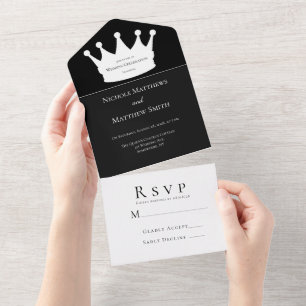 Black & White Minimalist Crown Wedding Celebration All In One Invitation