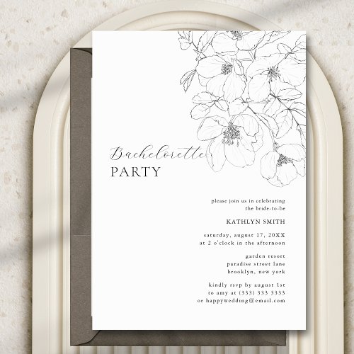Black White Minimalist Floral Bachelorette Party Invitation