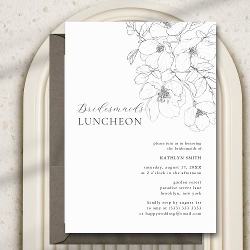 Black White Minimalist Floral Bridesmaids Luncheon Invitation