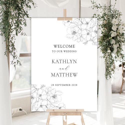 Black White Minimalist Floral Wedding Welcome Sign