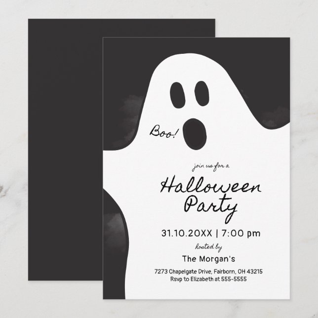 Black & White Minimalist Ghost Halloween Party  Invitation (Front/Back)