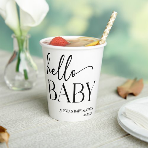 Black White Minimalist Hello Baby Baby Shower Paper Cups