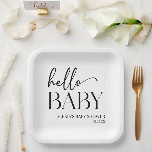Black White Minimalist Hello Baby Baby Shower Paper Plates