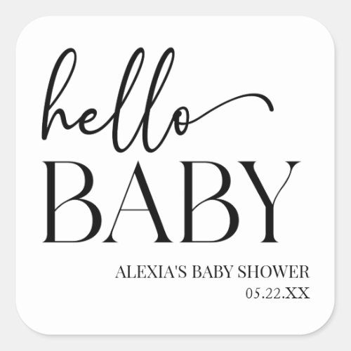 Black White Minimalist Hello Baby Baby Shower Square Sticker