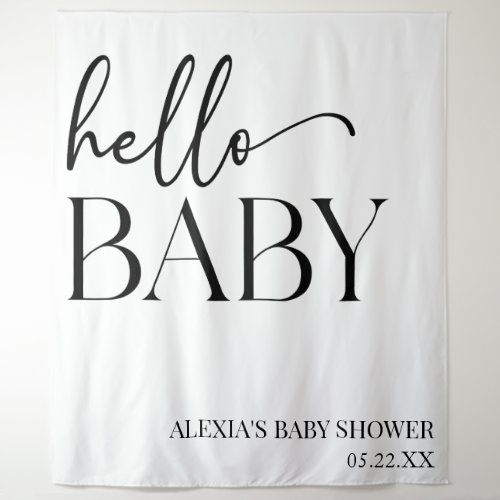 Black White Minimalist Hello Baby Baby Shower Tapestry