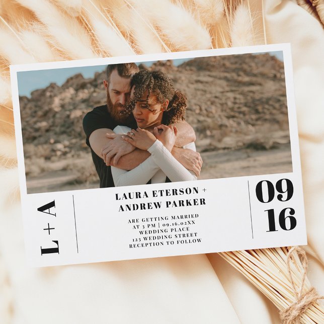 Black white minimalist initials 1 photo wedding invitation (Creator Uploaded)