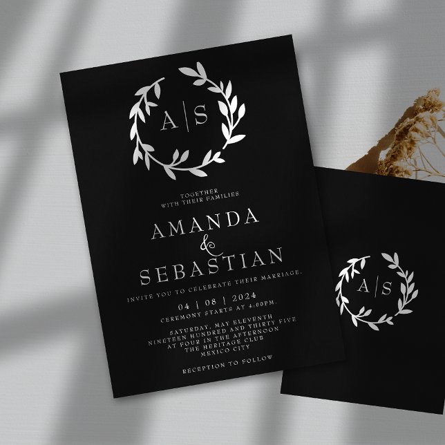 Black & White Minimalist Leaves Elegant Wedding Invitation (Creator Uploaded)