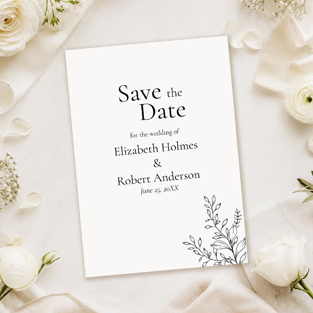 Black & White Minimalist Line Art Save the Date Invitation (Black & White Minimalist Line Art Save the Date Invitation on a table with white flowers)