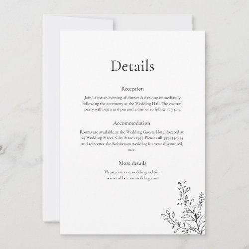 Black & White Minimalist Line Art Wedding Details  Invitation