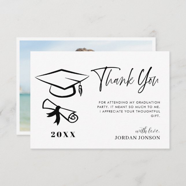 Black White Minimalist Modern Graduation Photo Thank You Card (Front/Back)