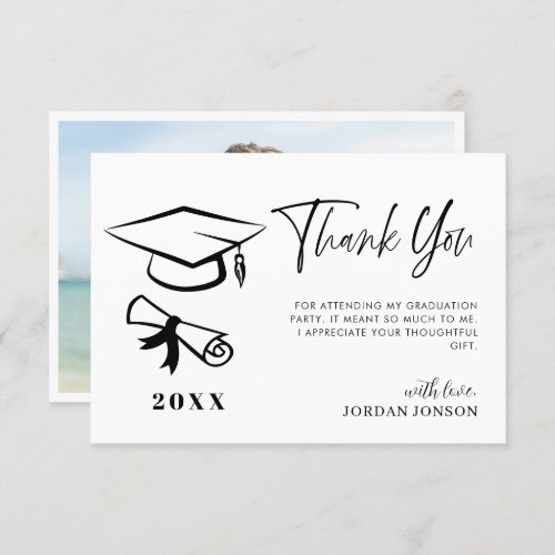 Black White Minimalist Modern Graduation Photo Thank You Card