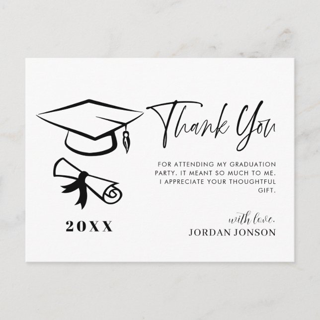 Black White Minimalist Modern Graduation Thank You Postcard (Front)