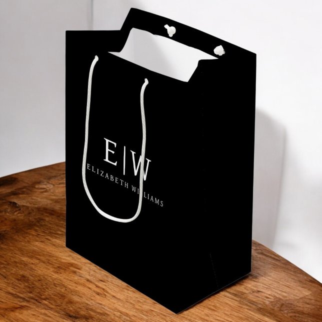Black White Minimalist Modern Monogram Elegant Medium Gift Bag (Creator Uploaded)