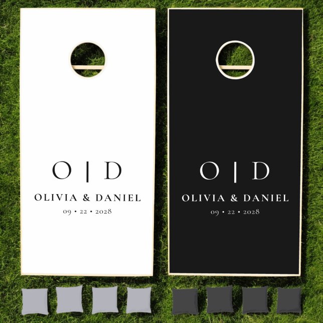 Black White Minimalist Modern Monogram Wedding  Cornhole Set (Creator Uploaded)