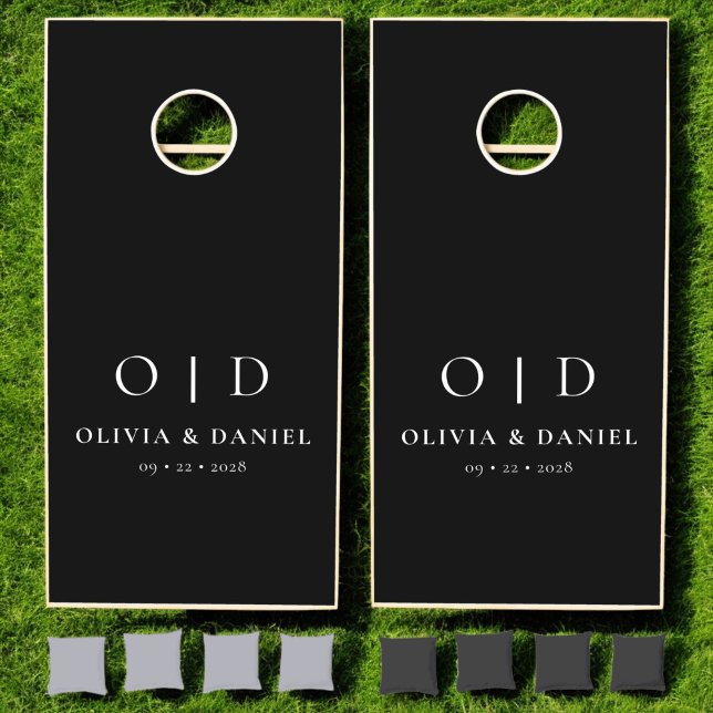 Black White Minimalist Modern Monogram Wedding  Cornhole Set (Creator Uploaded)
