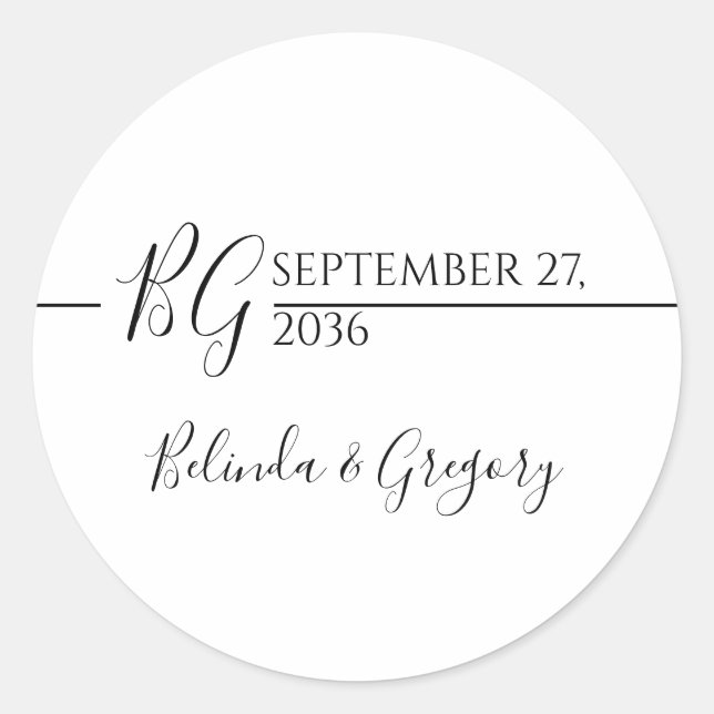 Black & White Minimalist Monogram Wedding  Classic Round Sticker (Front)