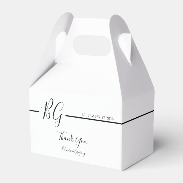 Black & White Minimalist Monogram Wedding Favor Boxes (Front Side)
