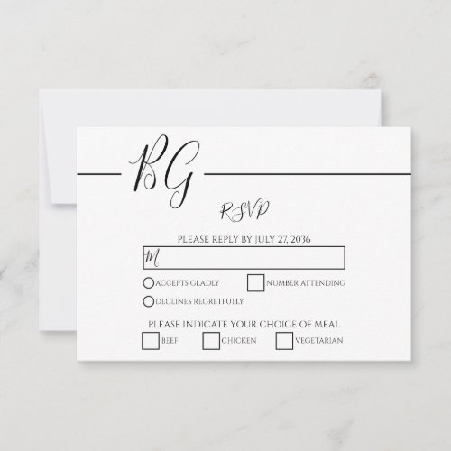 Black  White Minimalist Monogram Wedding RSVP Card