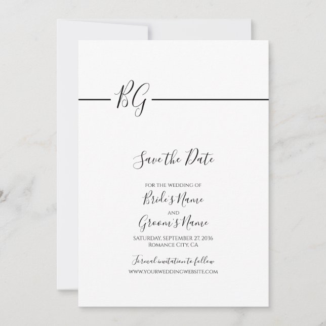 Black & White Minimalist Monogram Wedding Save The Date (Front)