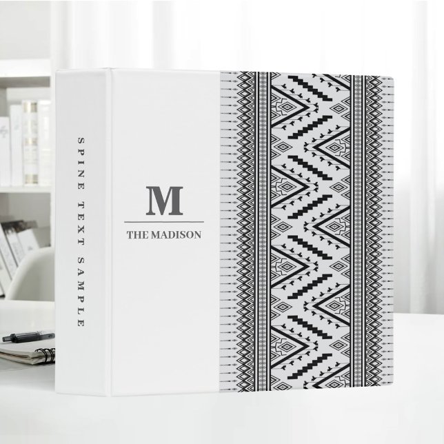 Black White Minimalist Native Tribal Monogram 3 Ring Binder (Creator Uploaded)