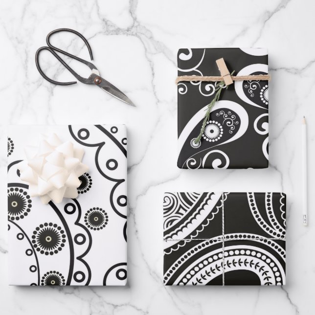 Black White Minimalist Paisley Wrapping Paper Sheets (Front)