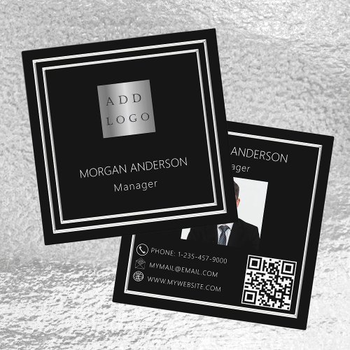 Black white minimalist photo logo QR code Square Business Card