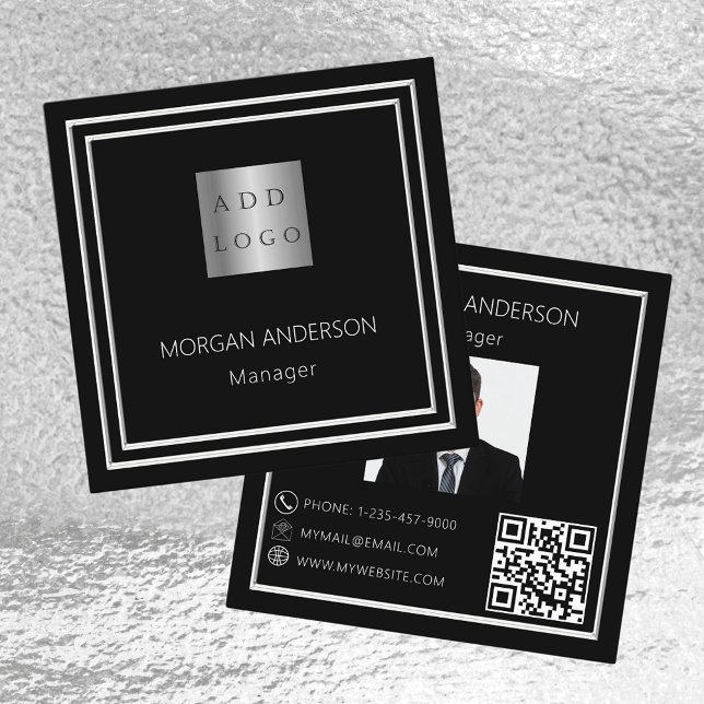 Black white minimalist photo logo QR code Square Business Card (Creator Uploaded)