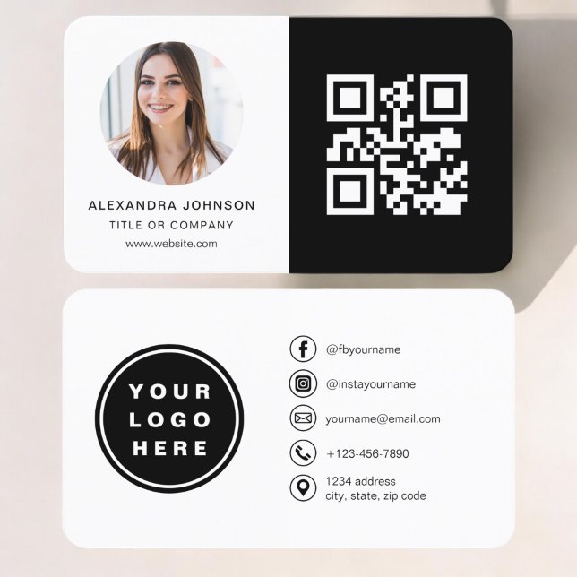Black White Minimalist Photo QR Code Social Media Business Card (Creator Uploaded)