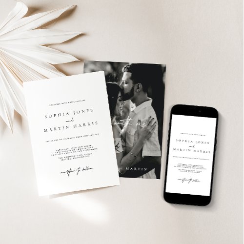 Black  White Minimalist Photo Wedding Invitation