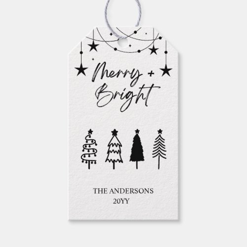 Black White Minimalist Pine Trees Christmas Gift Tags